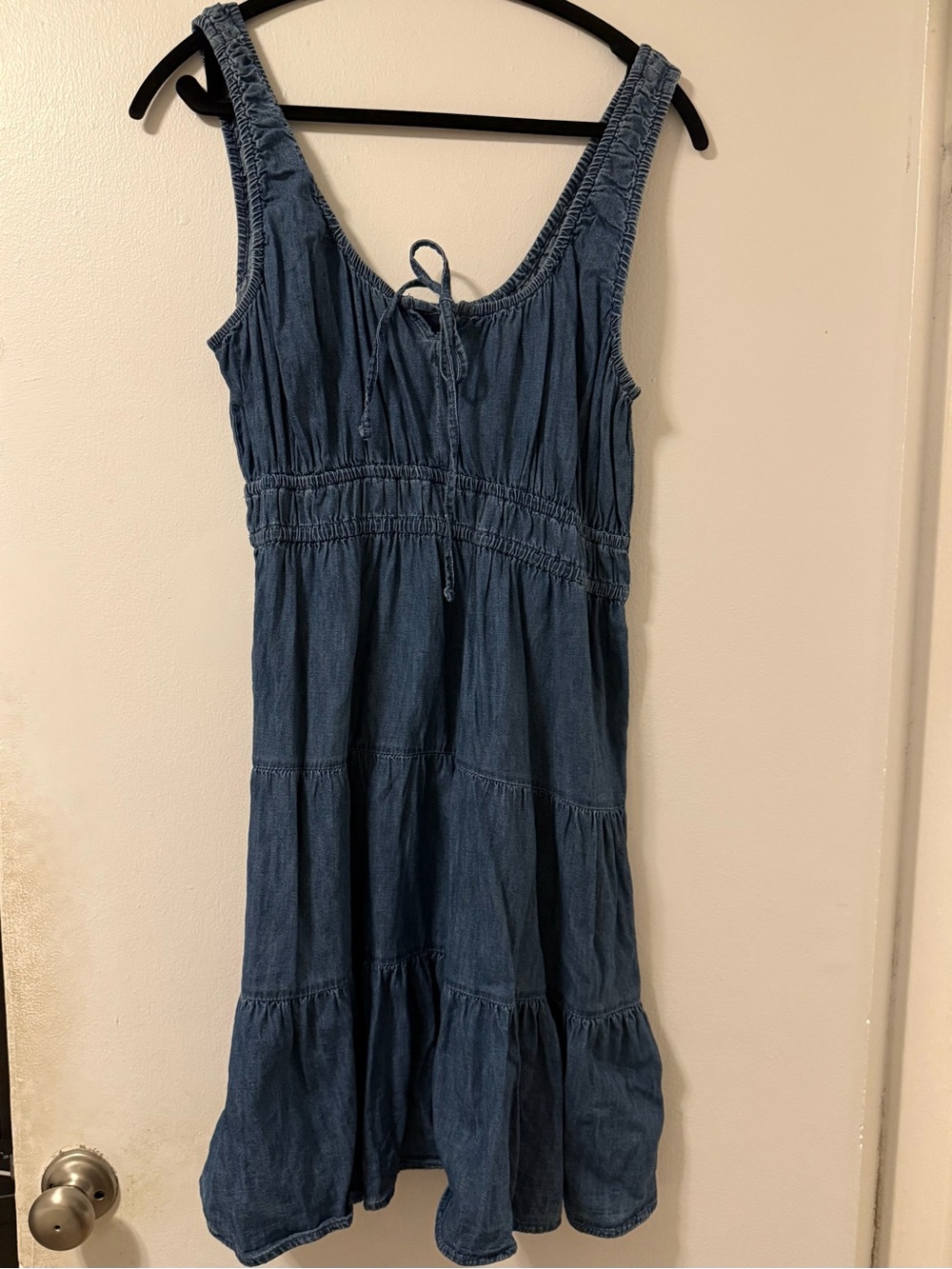 GAP Blue Denim Tiered Sundress with Tie Neck